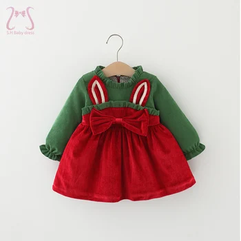 Рождественское платье для новорожденных девочек с милым бантом, осенняя детская одежда с длинными рукавами и заячьими ушками, костюм для малышей от 0 до 3 лет, Младенец