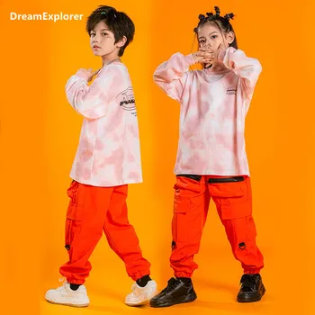 Розовая толстовка для мальчиков и девочек в стиле хип-хоп, Джоггеры, Детские брюки-карго для уличных танцев, Детский спортивный костюм, Джазовые Уличные костюмы, Комплекты одежды