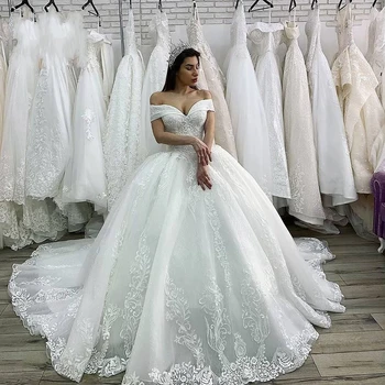 Роскошное свадебное платье 2023 принцессы С аппликациями из бисера, на шнуровке, со шлейфом в часовне, Свадебное платье с открытыми плечами, Vestido de Noiva
