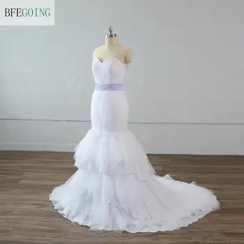 Роскошное свадебное платье из белого тюля, расшитое бисером, Свадебные платья русалки длиной до пола, шлейф в часовне, сшитый на заказ