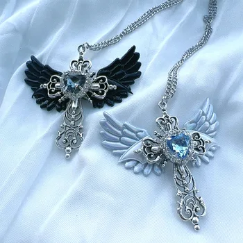 Сексуальный аксессуар в готическом стиле, ожерелье с крыльями и крестом, ювелирные изделия Y2K, колье с кристаллами в виде сердца, панк-шарм, ожерелье для женщин, Корейская мода