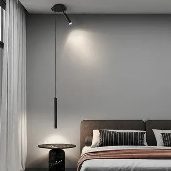 Современная минималистичная гостиная, диван, ТВ, фоновая стена с точечными светильниками, спальня в скандинавском минимализме, прикроватный подвесной светильник в виде длинной линии