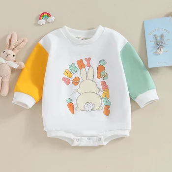 Толстовка для маленьких мальчиков и девочек, комбинезон с буквенным принтом в виде кролика контрастного цвета, весенняя пасхальная одежда для малышей, боди 0-18 м