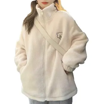 Толстовка с имитацией овечьей шерсти, зимняя куртка из утолщенного плюша с рисунком мультяшного медведя, уютный воротник-стойка для женщин