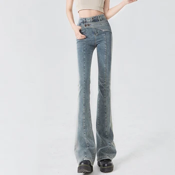 Уличная одежда Y2k Jeans, женские Винтажные Корейские модные Джинсовые брюки в стиле пэчворк с высокой талией, шикарные Женские Повседневные брюки-клеш
