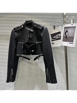 Хай-СТРИТ, новейшая мода 2023, дизайнерская куртка, женская кожаная лямка на молнии, наплечная накладка, мотоциклетная короткая куртка