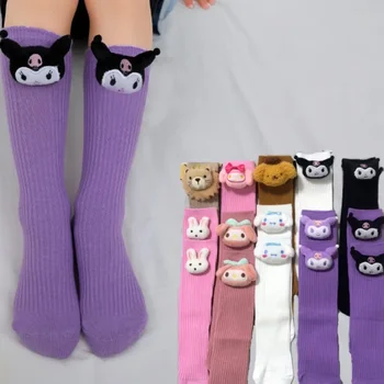 Хлопчатобумажные носки Kawaii Sanrio Cinnamoroll с мультяшной куклой Однотонные Универсальные Носки до середины икры Baby Ins Модные Носки для больших детей до икры