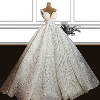 Хорошо продуманный дизайн, Блестящие бусины, пайетки, Бальные платья, Robe De Mariée, Пышное свадебное платье на тонких бретельках.