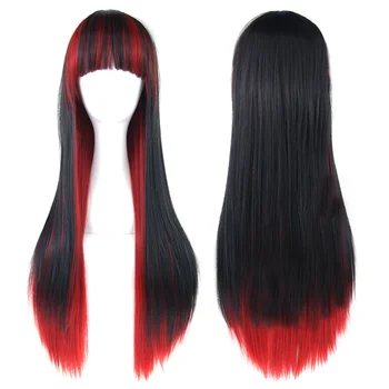 Черно-красный прямой парик для косплея из натуральных волос с челкой, красочные парики для костюмированной вечеринки на Хэллоуин для женщин