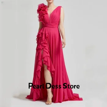 Шелковое шифоновое бальное платье Vesidos De Noche ярко-розового цвета А-образной формы с завитыми рукавами 2024 с разрезом по бокам.