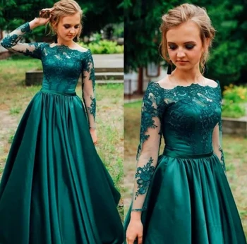 Элегантное зеленое вечернее платье с круглым вырезом, кружевная аппликация, длинный рукав, расшитый бисером, атласное вечернее платье длиной до пола