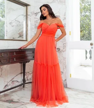 Элегантные длинные выпускные платья из оранжевого тюля с бантом, Трапециевидное плиссированное вечернее платье с открытыми плечами длиной до пола для женщин