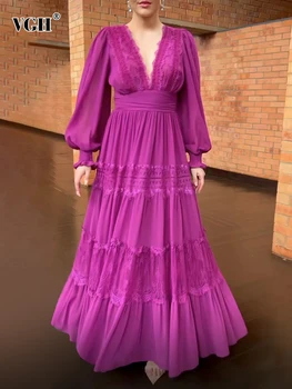 Элегантные платья с кружевной вышивкой VGH, с V-образным вырезом, рукавом-фонариком, с высокой талией, однотонное свободное платье в женском модном стиле