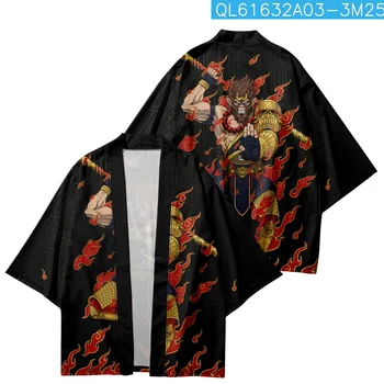 Японский Черный кардиган, Мужской костюм Самурая, куртка, Мужская рубашка-кимоно с принтом Короля обезьян, Одежда Юката Хаори